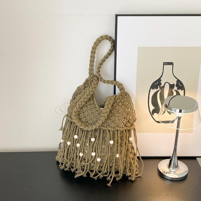 Summer Solid Color Fabric Youth Elegant Tote Bag for Women Tassel Beads Large Capacity Beach Bags Hollow Out Woven Shoulder Bags