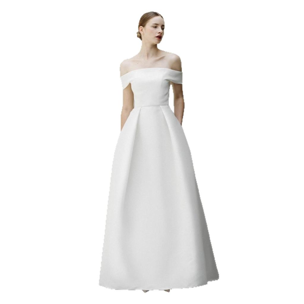 Korean Version of One-word Shoulder Light Wedding Dress 1011 New Temperament Long French Simple Bride Welcome Satin Wedding Dress