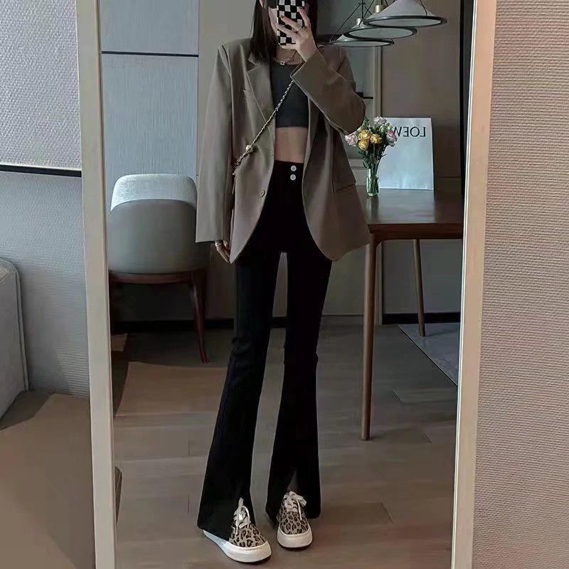 High-Waisted Black Flared Women's Slit Jeans, Slim Fit for Spring & Autumn 2023