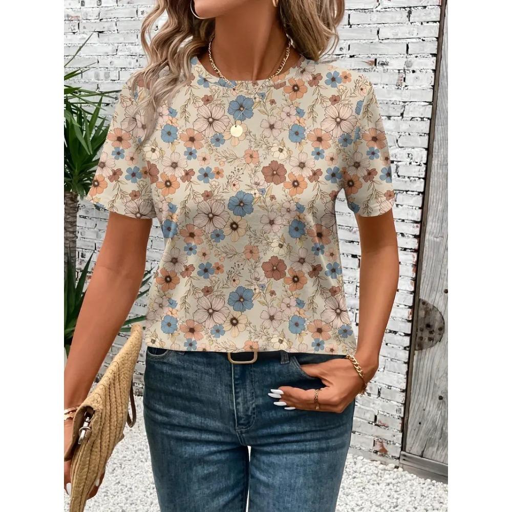 Summer Outdoor Floral Print Women's T-shirt Casual Round Neck Short Sleeve Top Street Fashion Oversize T-shirt Y2k Ladies Clothe