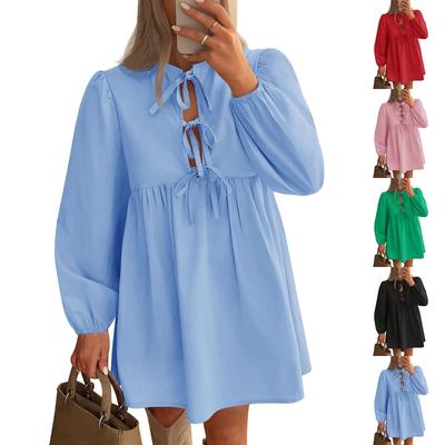 Women's Casual Fashion Lace-up A-line Pleated Long-sleeved Solid Color Short Dress