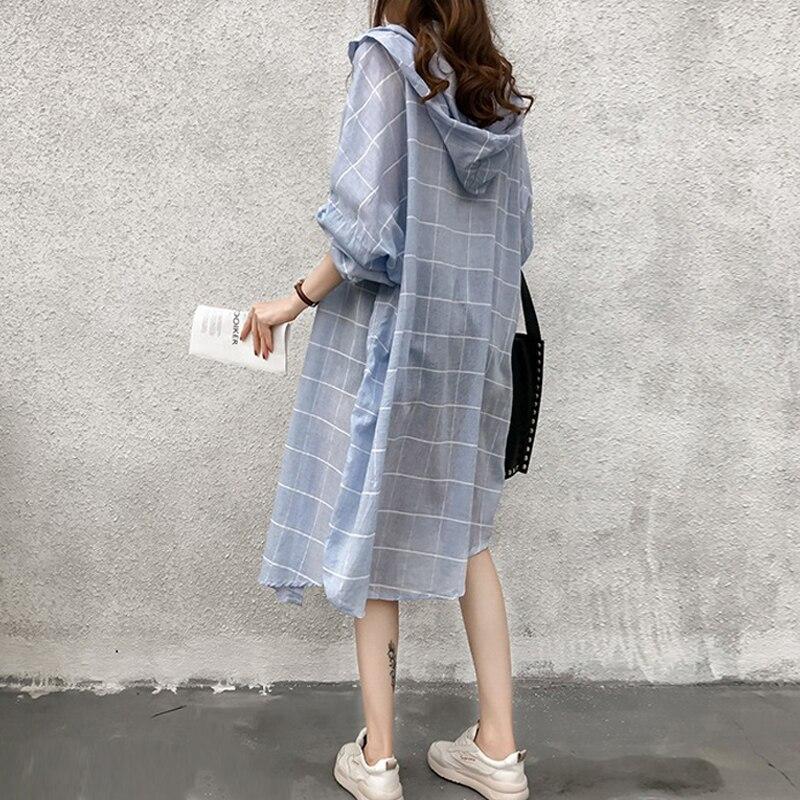 Women Hooded Blouses Loose Long Plaid Blouse Single-breasted Shirts