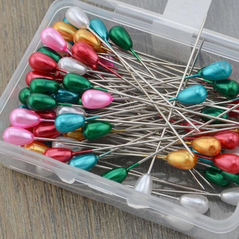 100Pcs/Box 5*55mm Colorful Pear Shape Pearl Head Needles Stitch Straight Push Sewing Pins for DIY Sewing Tools