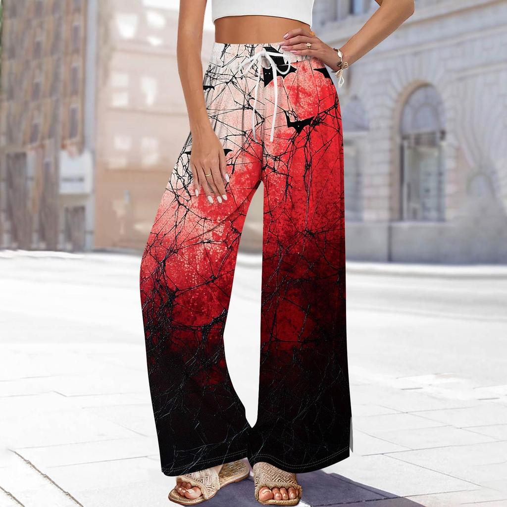Women's Printed Wide Leg Pants With Pockets High Waist Drawstring Loose Casual Pants
