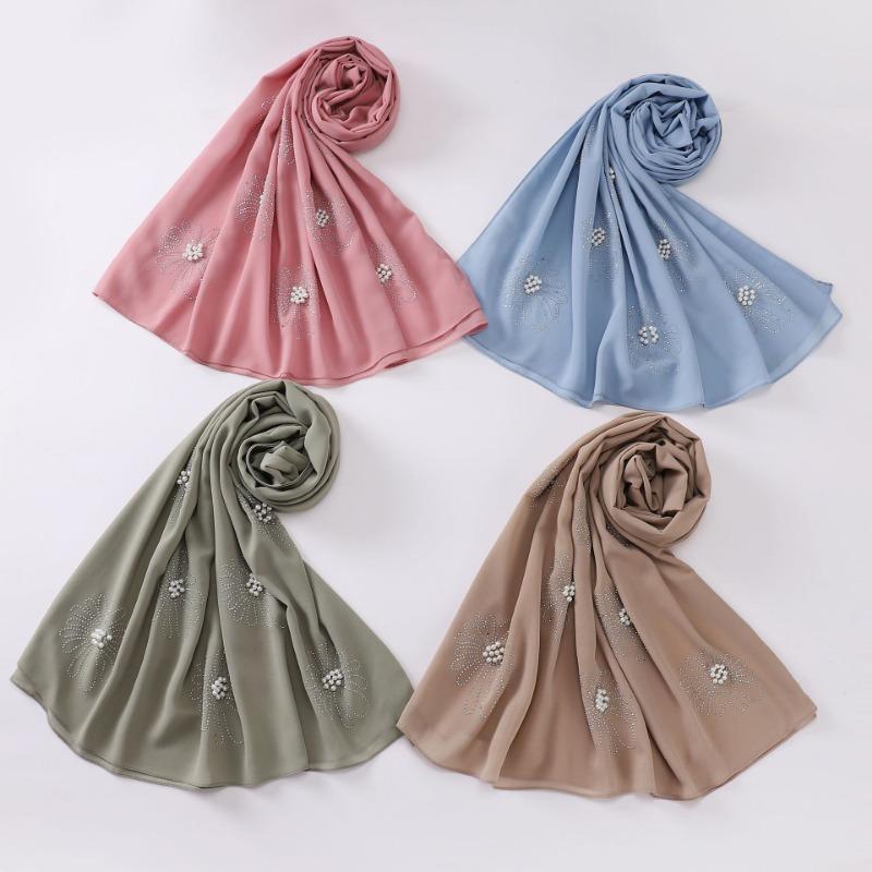 New Pearl Chiffon Flower Rhinestone Beaded Scarf For African Women