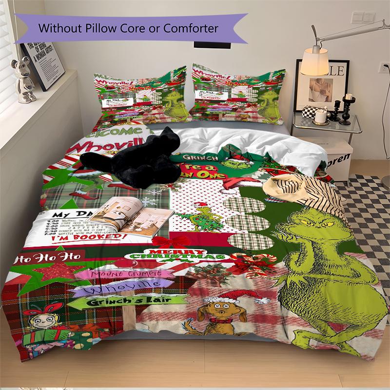 3Pcs Christmas Grinch Whoville Decorations Bedding Set Quilt Cover Pillowcase Home Christmas Xmas Halloween Gift 1 Duvet Cover 2 Pillowcase S921650