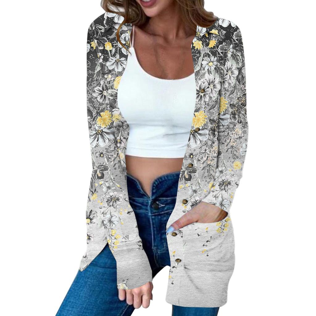 Women's Casual Fashion Floral Print Long Sleeve Mid-Length Cardigan Jacket