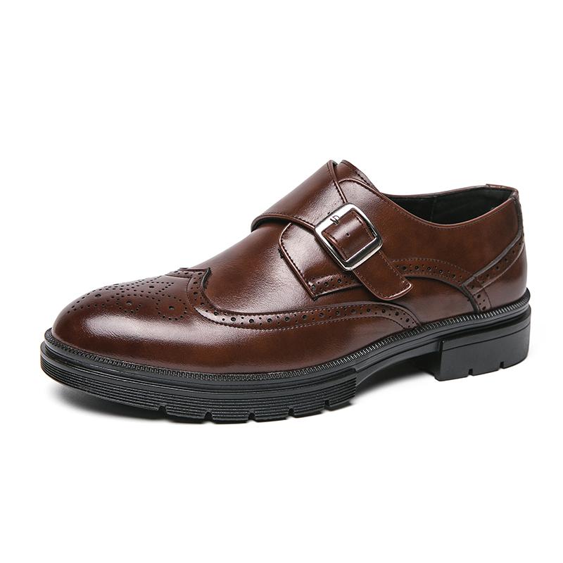 New Breathable Brock Leather Shoes Men's Buckle Thick Sole Increase Retro Carved Business Is Fitting Suit Men's Shoes