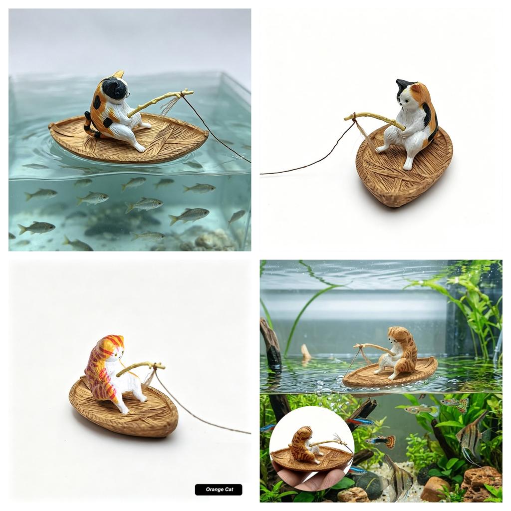 1Pc Creative Cat Fishing Boat Aquarium Ornament Premium Resin Marine Theme Durable Fish Tank Landscape Decor Aquarium Ornament
