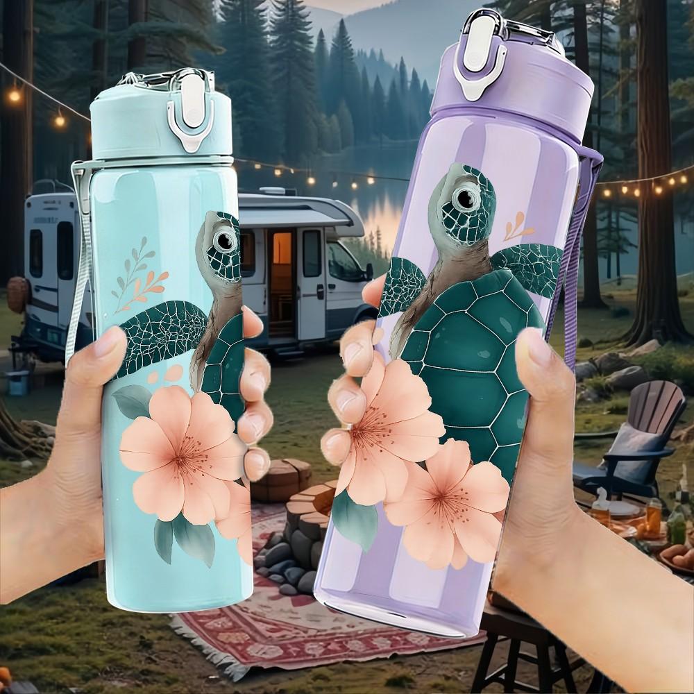 1 Stück Florales Meeresschildkröten-Print 750ml Farbe Kunststoff Sport-Wasserflasche Auslaufsicher Klappdeckel mit Strohhalm Geeignet für Sport Büro Heimgebrauch