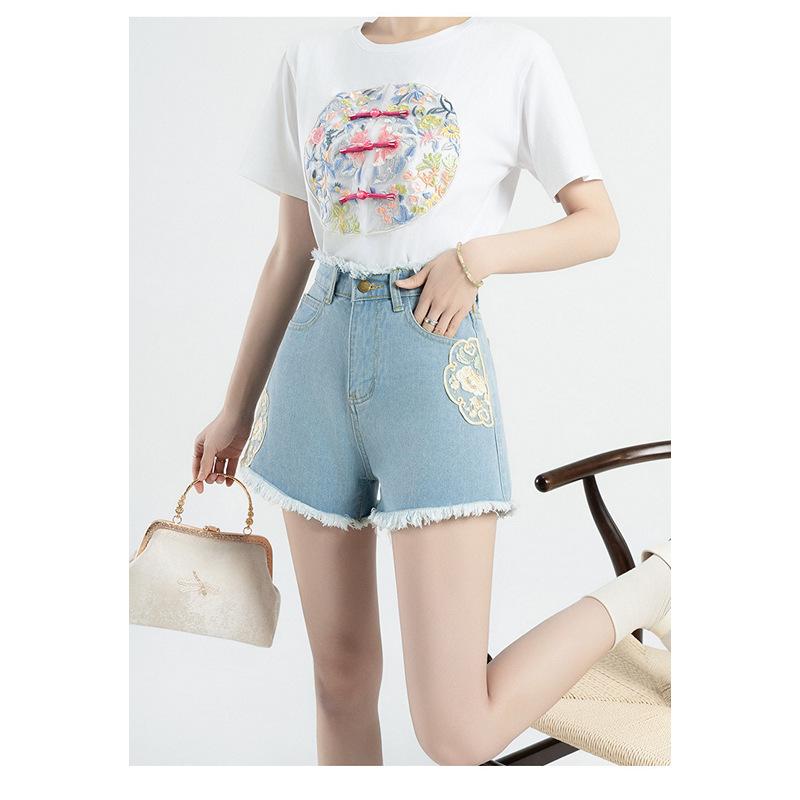 Summer New Denim Shorts New Chinese Style National Style High Waist Women's Personalized Embroidered National Trend A-line Hot Pants