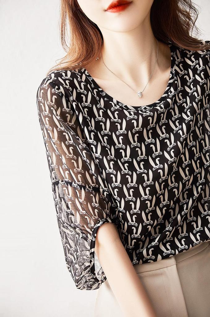 Blouse Summer Short Sleeve Top Crew Neck Outerwear Chiffon Print Puff Sleeve Pullover Loose Fit Body Covering Cool Stylish Feminine Clean Adult Casual