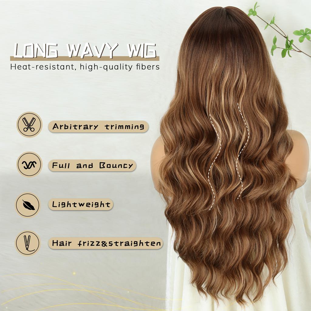 MERISIHAIR Long Wave Synthetic Wigs Wavy Wig With Bangs Chocolate Brown Hair For Women Wig Heat Resistant Daily Use