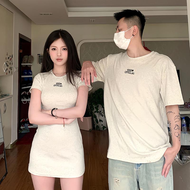 Summer Slim Couple Outfits: Embroidered French Wrap Dress & Skirt Set