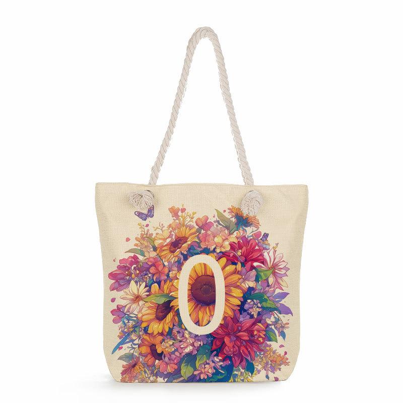 Flower numbers print thick rope single-shoulder beach bag 7352