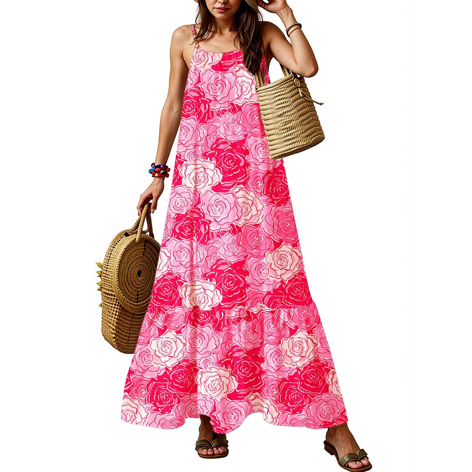 

Женские летние платья с бретельками-спагетти, круглым вырезом, сборками и оборками, струящееся платье-макси в стиле бохо M