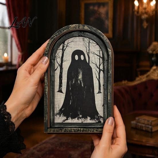 Vertical Wooden Sign Pendant Halloween Vintage Arch Sign, Gothic Spooky Ghost Wall Hanging Decor Dark Floral Print with Bracket, Rustic Aesthetic Home