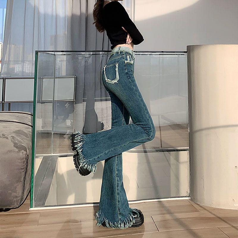 High Waist Vintage Slim Bootcut Jeans Women's Clothing Distressed Fringe Hem Denim Pants Y2K Hotsweet Casual Stylish Trousers