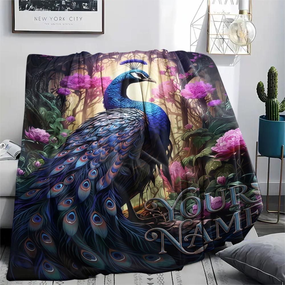 1PC Custom Name Peacock Forest Patterned Flannel Blanket Suitable For All Seasons for Home Decor Warmth and Comfort Gifts Holiday Present_lx