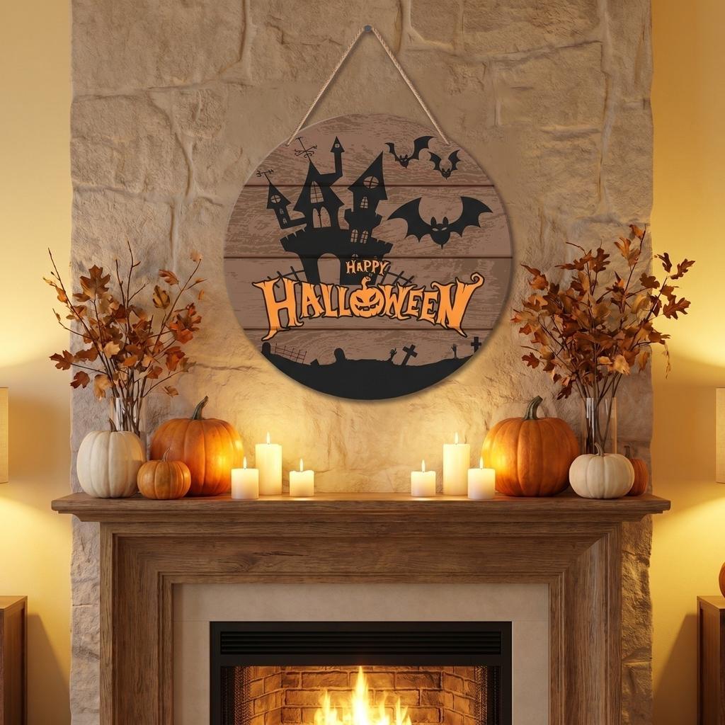 Wooden Hanging Halloween Sign Party Decoration Ghost Design Wall Ornament Rustic Style Door Plaque for Seasonal Indoor Outdoor Use