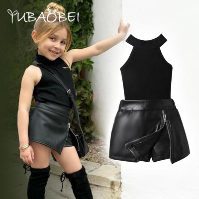 Kinder Kleidung Sommer Neue Mädchen Stricken Weste Top + PU Leder Shorts Rock 2 Stück Anzug für Kinder Mode Kleidung Outfit