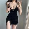 Bra fleece lace splicing suspender short skirt women's European and American fashion slim black suede temperament dress