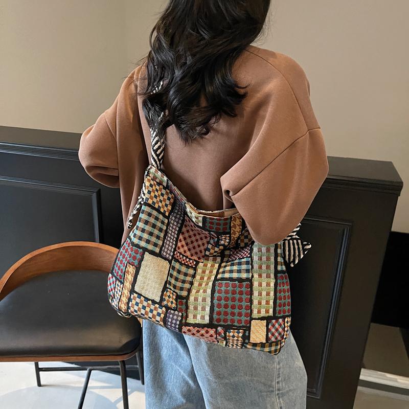 Color Block Tote Bag Women Print Plaid Shoulder Bag
