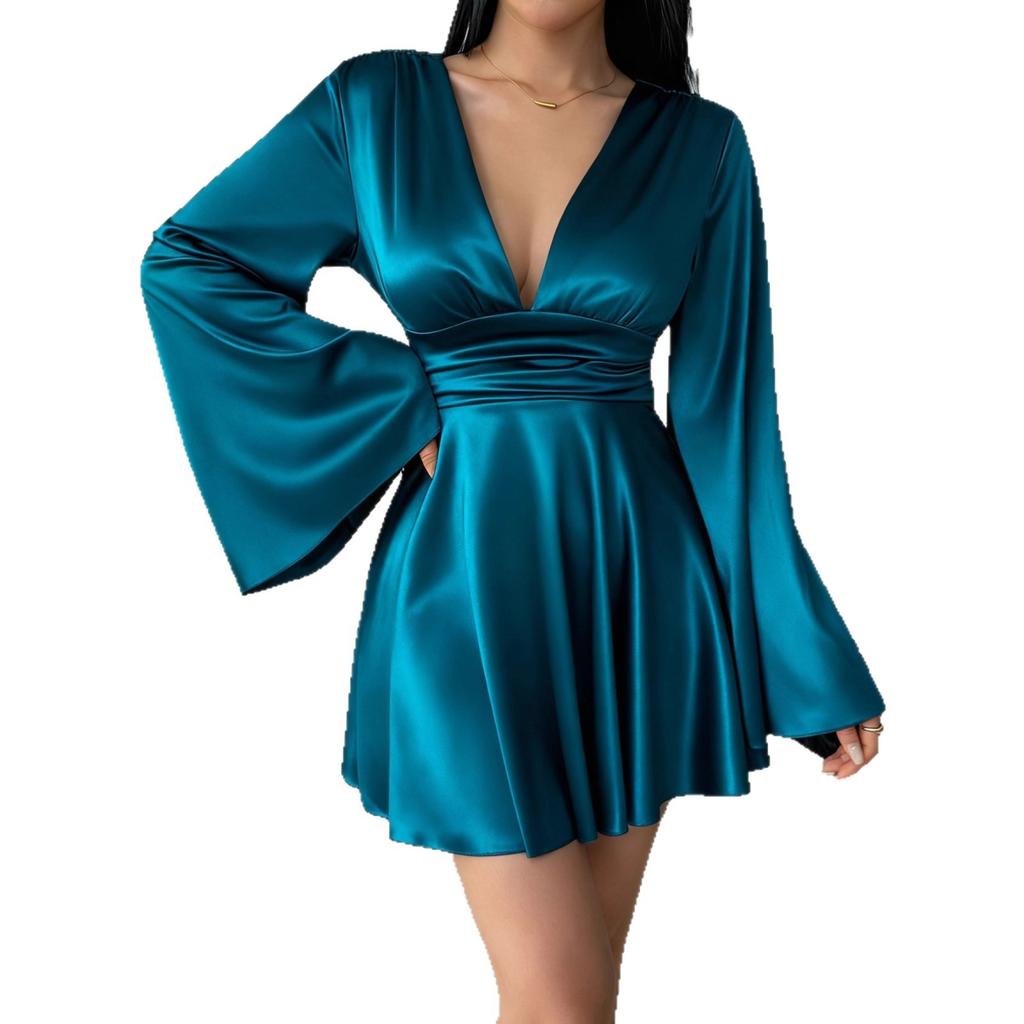 Women Deep V Neck Bell Sleeve Satin Dress Sexy Split Front Mini Dress Party Cocktail Dress