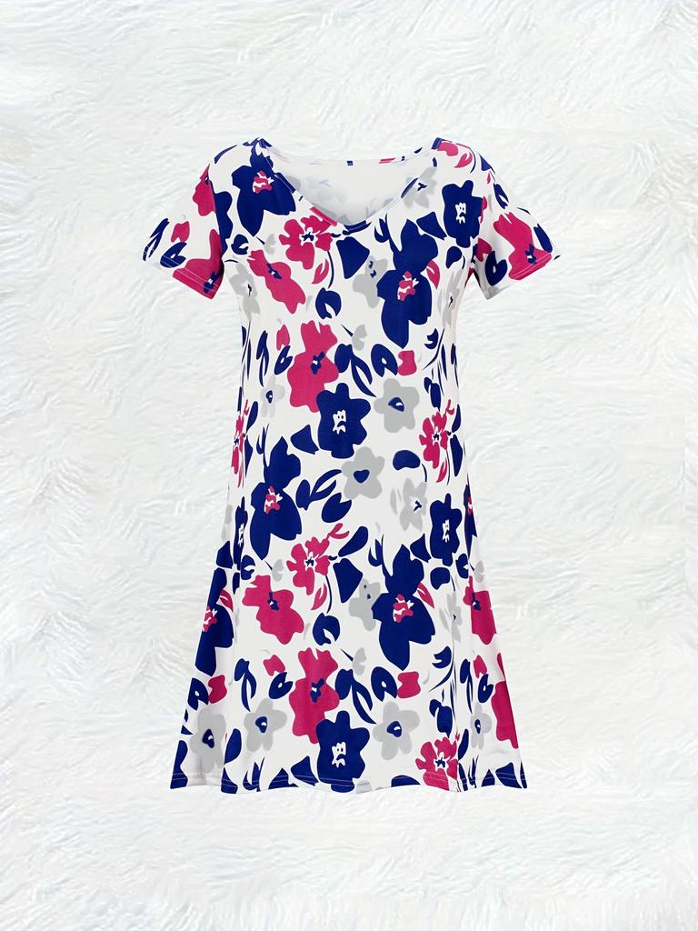 Casual A Line Floral Print Dress for Women V Neck Short Sleeve Summer Dress Blue Red White Flower Pattern Midi Dress 2024