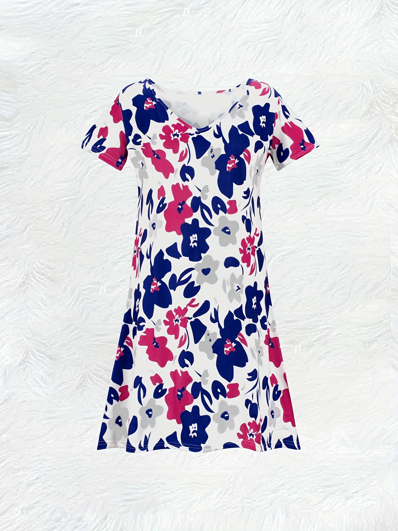 

Casual A Line Floral Print Dress for Women V Neck Short Sleeve Summer Dress Blue Red White Flower Pattern Midi Dress 2024 6XL