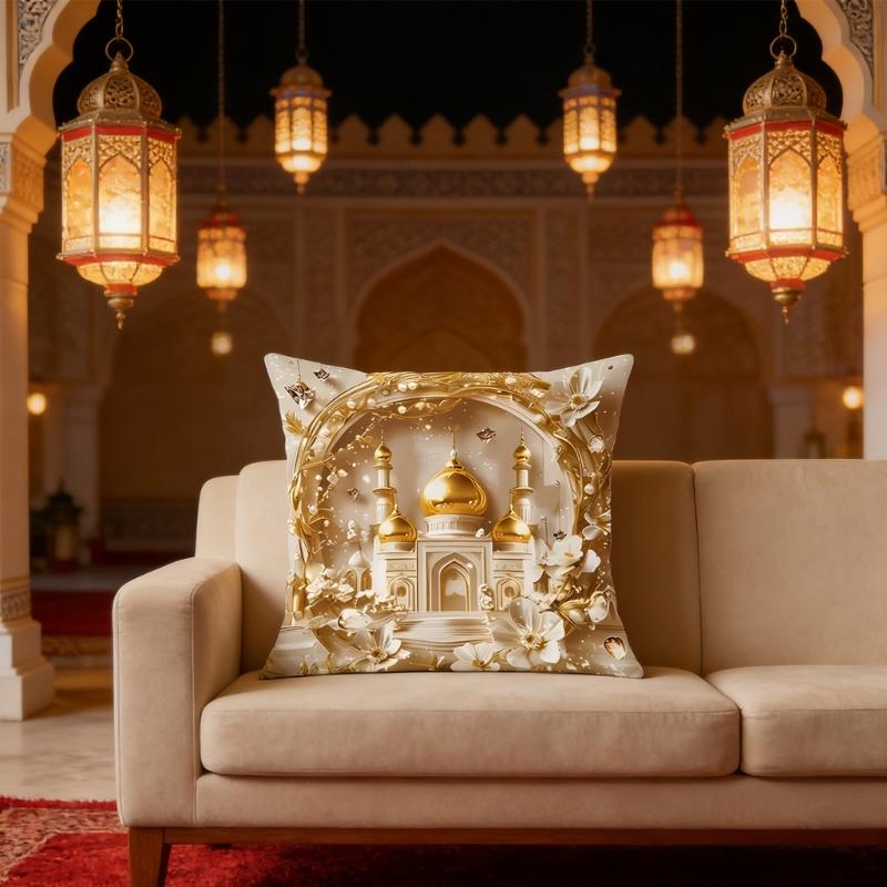 Soft Short Plush Cushion Cover Gold Moon Ethnic Festival Print 45x45cm Standard Size for Home Decoration