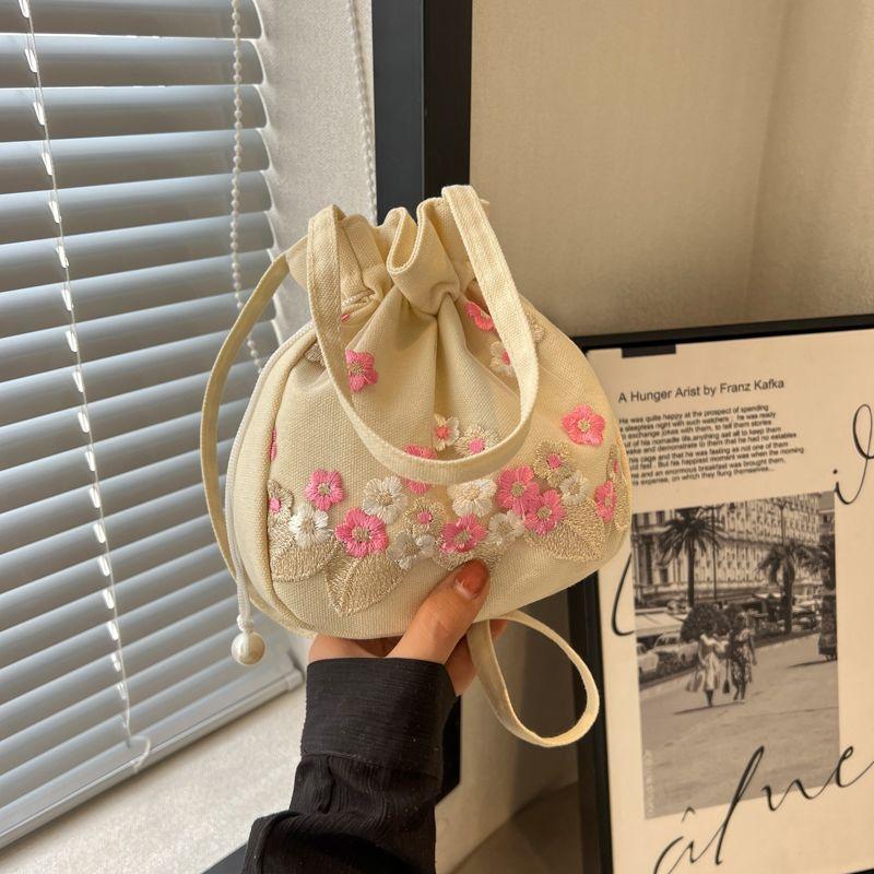 Traditional Chinese Hanfu Style Handmade Lace Embroidery Fabric Bucket Bag - Versatile Shoulder/Crossbody/Handheld Accessory