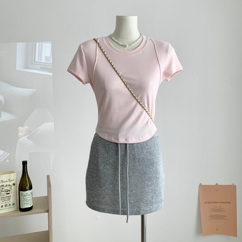 Fashion Round Neck Slim Fit Cropped T-shirt Women Short Sleeve Tops Women Summer Elegant Casual T Shirt Office Lady Simple Tee 24239