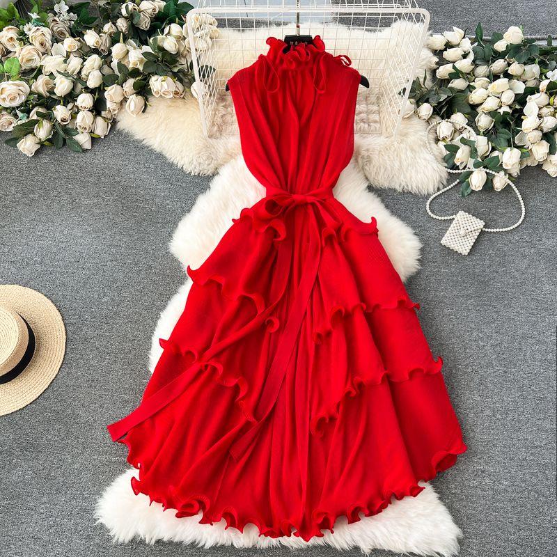 

Wooden Ear Silm Long Pleated Chiffon Dress Red One size