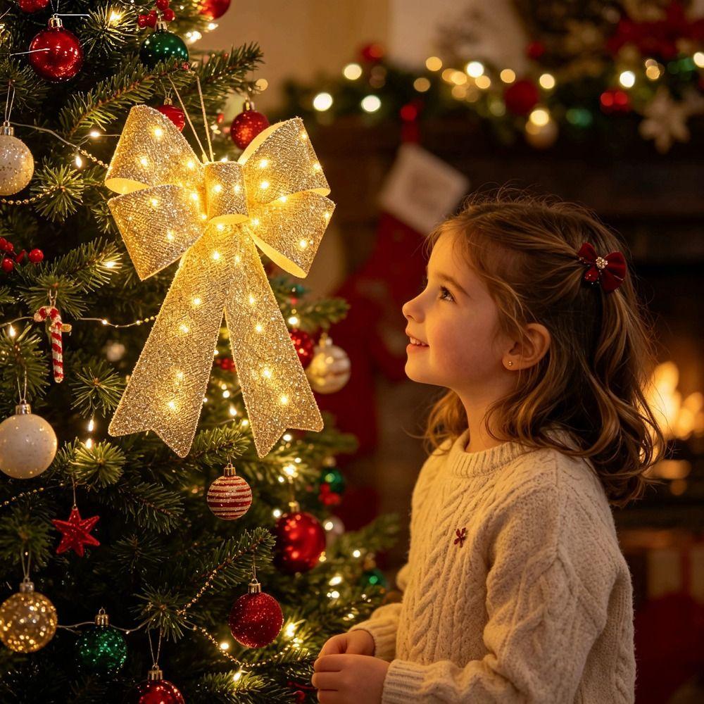 Glowing LED Christmas Bowknot Pendant Elegant Christmas Hang Ornament Winter Holiday
