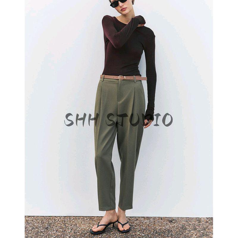 Spring New Women's Clothing Commute Leisure Multi-Color Matching Belt High Waist and Ankle Elegant Pleated Pants 9929022