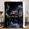 A jeep with glowing lights on a rocky bridge, surrounded by palm trees. for all seasons blanket lunch break throw gift