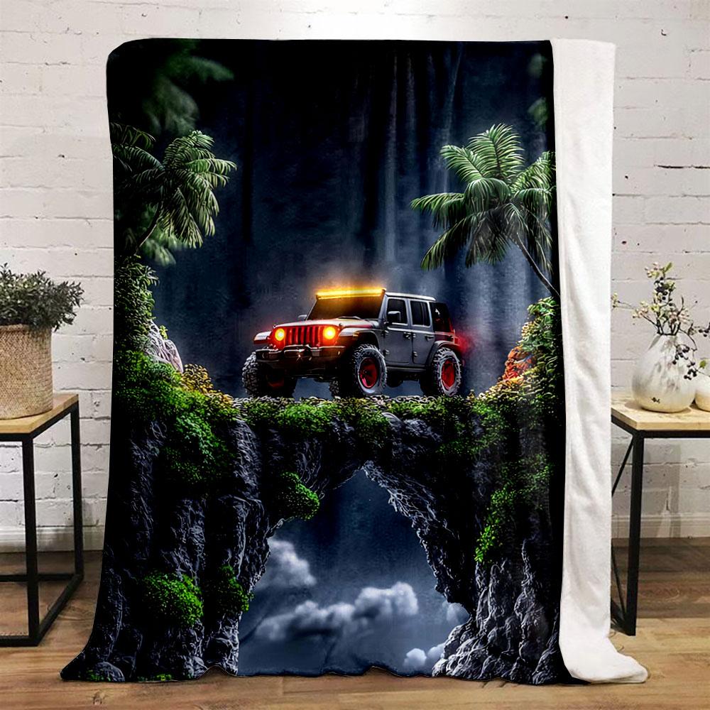 A jeep with glowing lights on a rocky bridge, surrounded by palm trees. for all seasons blanket lunch break throw gift