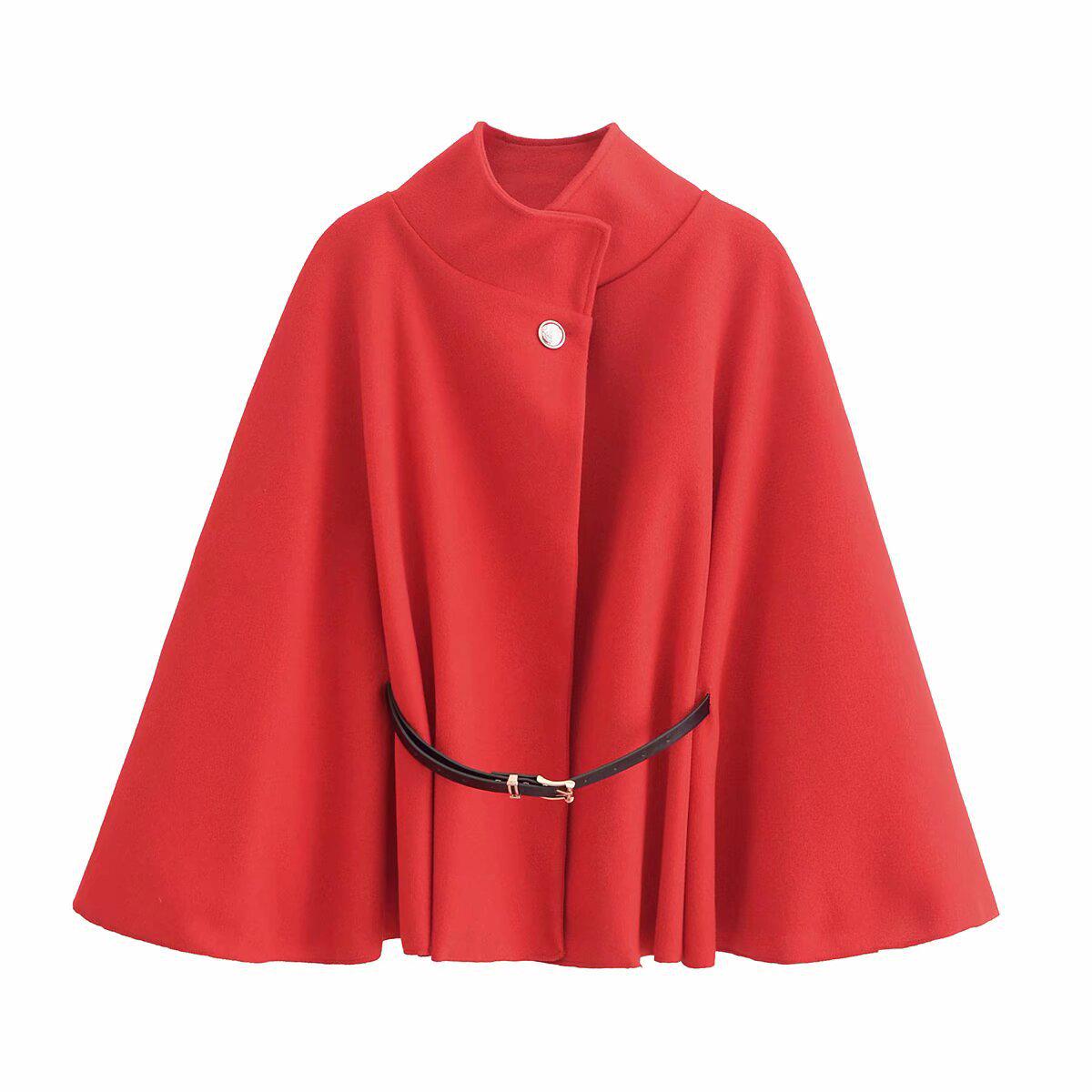 

Зимнее женское пальто в европейском и американском стиле с рукавами «летучая мышь» и завязкой на талии, 2024 Small ярко-красный
