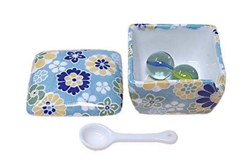 Senju Light Blue Condiment Made In with Condiment Container with Commercial ACSWEBSHOP Original Container, Japan, Ceramic, Spoon, Ichimi, Salt,