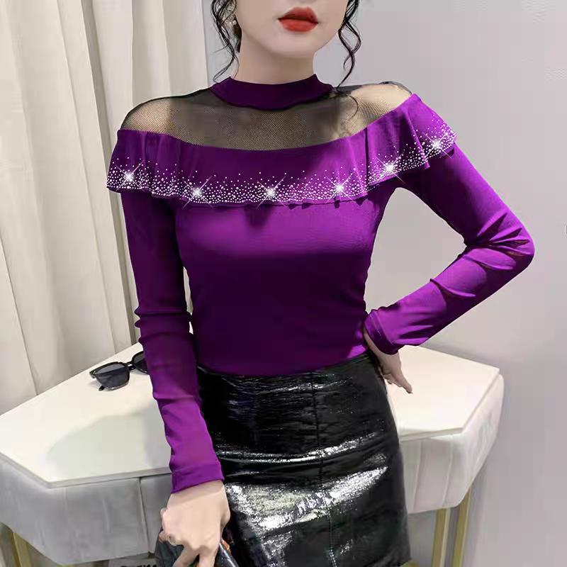 Spring Autumn Long-Sleeved Women's T-shirt Fashion Shiny Ruffles Diamonds Tops Femme Sexy Perspective Mesh Tees Clothes