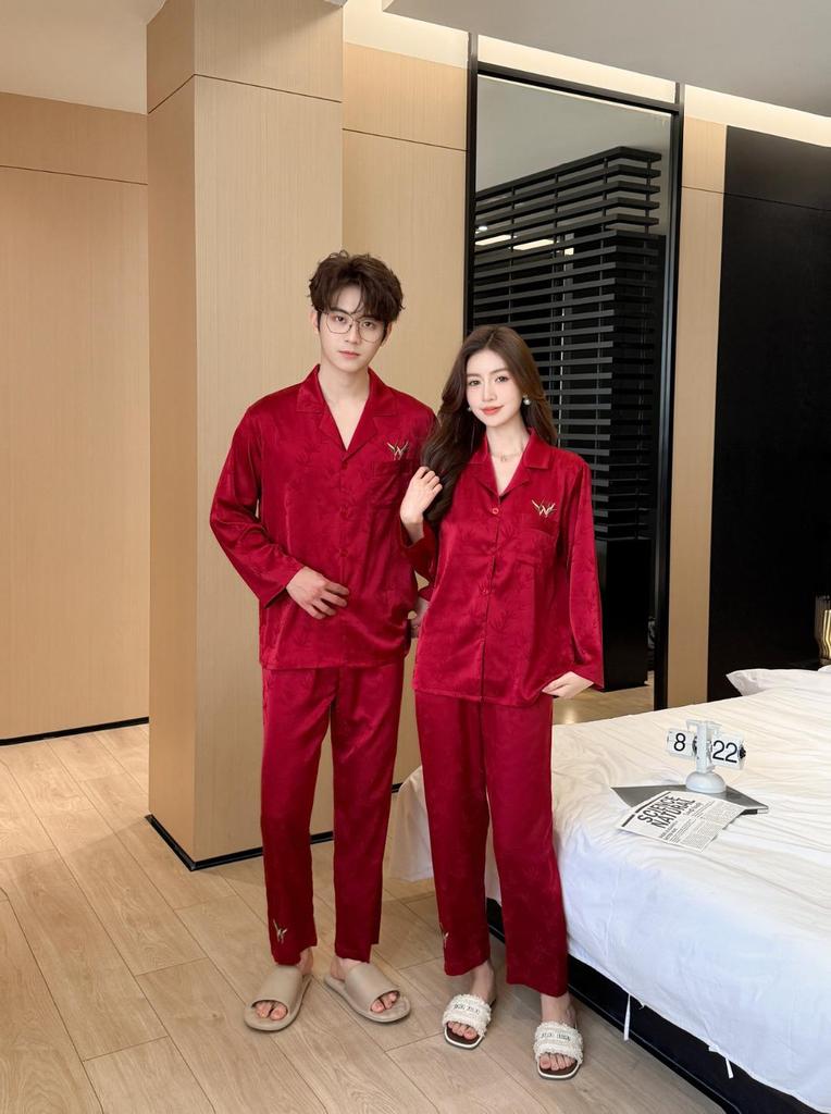 Fashionable Red Wedding Couple Pajamas: Women's Ice Silk Long Sleeve Set & Men's Casual Homewear for Spring/Autumn