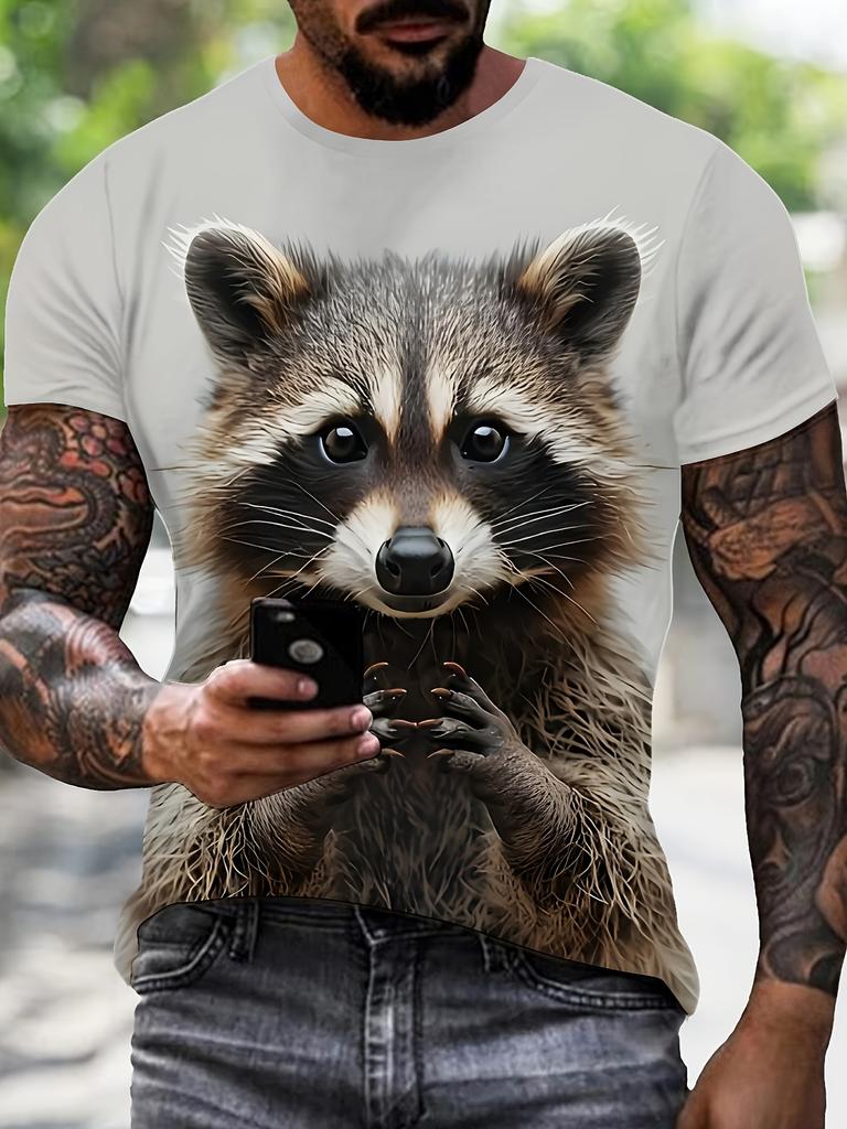 Herren Niedliches 3D Hund Bär Print T-Shirt, Lässiges Sport Kurzarm, Elastisches Polyestergewebe, Waschbar, Outdoor Bekleidung, Waschbär Shirt, Große Größen