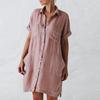 Abito Camicia Donna Estivo Vintage Cotone Lino Casual Manica Corta Ampio Taglia Grande Abito Donna Moda Tasche Collo a Punta Monopetto Vestiti 1006