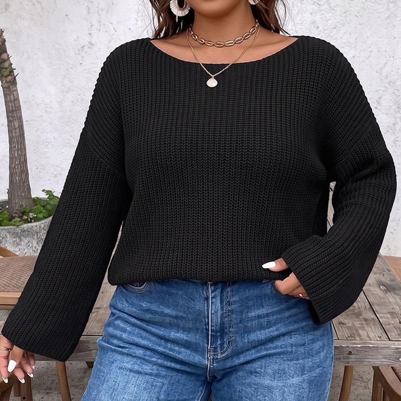Women Plus Size Solid Color Knit Sweater Crew Neck Ribbed Drop Shoulder Long Sleeve Top