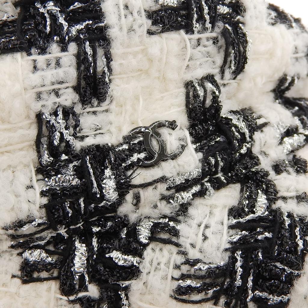 Ausgezeichneter CHANEL Hut COCO Mark Hahnentritt Tweed Hut Weiß schwarz Wolle Damen M 21V Gebraucht