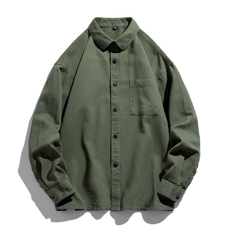 Men S Long Sleeve Cotton Shirt Casual Japanese Style Solid Color Workwear