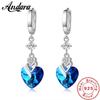 925 Sterling Silver Earrings Blue Crystal Heart-Shaped Zircon Earrings For A Woman'S Engagement Charm Jewelry Gift