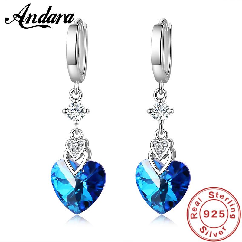 925 Sterling Silver Earrings Blue Crystal Heart-Shaped Zircon Earrings For A Woman'S Engagement Charm Jewelry Gift