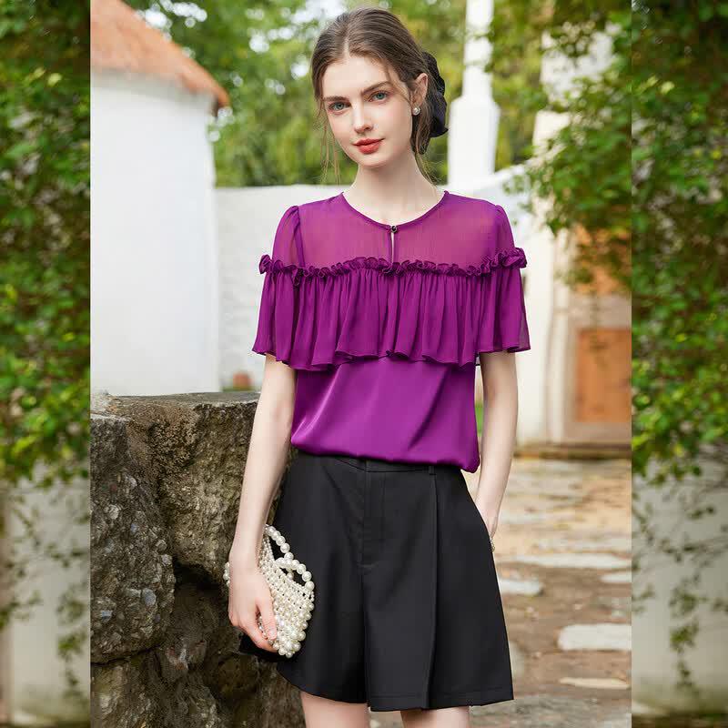 Women's Ruffled Round Neck Short Sleeve Blouse